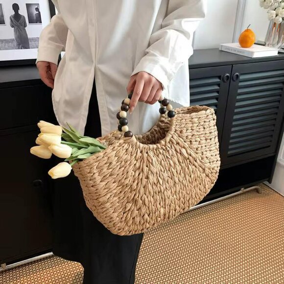 Handmade Woven Straw Bag with Wooden Bead Handles | Vacation Beach Bag| Gift - Picture 4 of 13